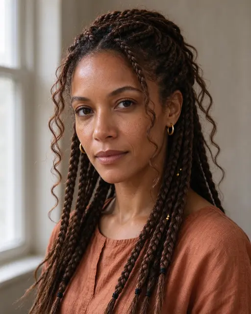 Mixed-race woman in her thirties with long boho braids looks toward the camera beside a sunlit window