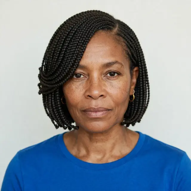 Headshot portrait of a middle-aged Black woman with a braided bob hairstyle wearing a cobalt blue top against a pale neutral