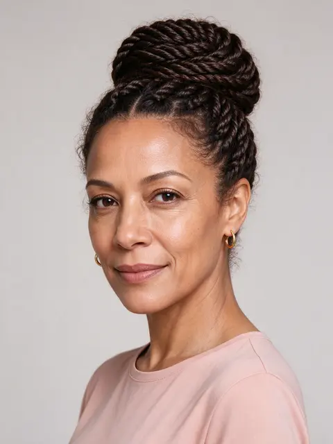 Three-quarter studio portrait of a mixed-race woman in her forties with a twisted braided bun, wearing a blush top and small