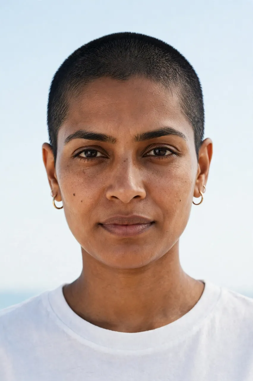 Close up portrait of a South Asian woman in her thirties with a buzz cut, small gold hoops, and white t-shirt facing the