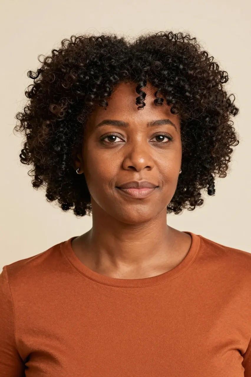 Headshot of a Black woman in her forties with a rounded coiled afro wearing a burnt-orange top against a plain cream