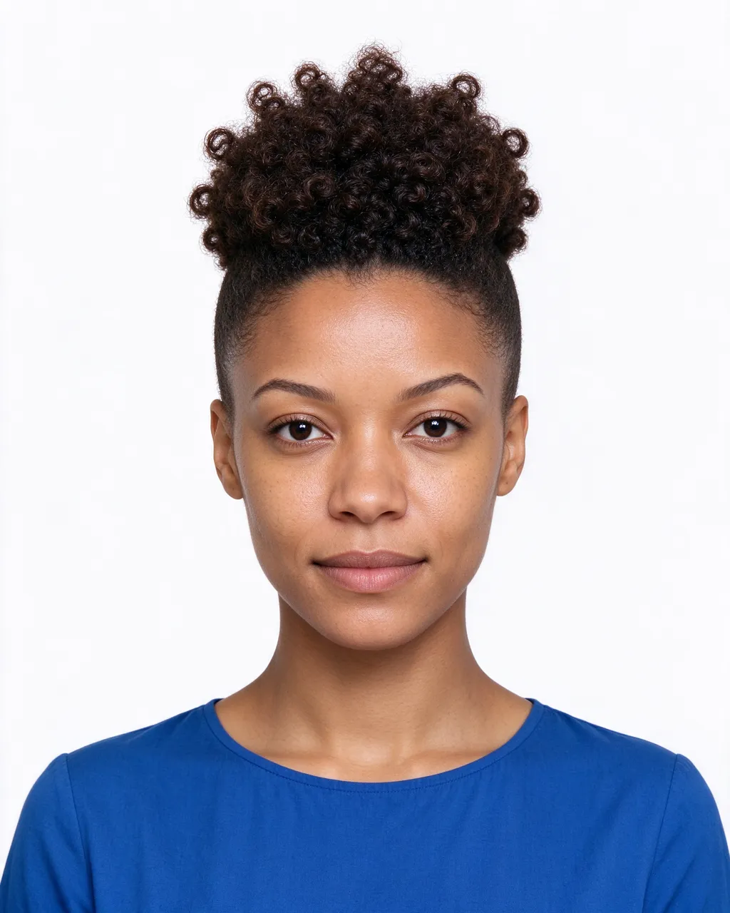 A mixed-race woman in her late twenties with a defined curly frohawk wears a cobalt blue top against a plain white backdrop.