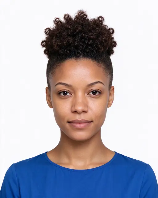 A mixed-race woman in her late twenties with a defined curly frohawk wears a cobalt blue top against a plain white backdrop.