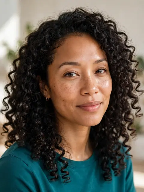 Close-up portrait of a mixed-race woman in her thirties with defined curly hair wearing a teal top in soft morning light