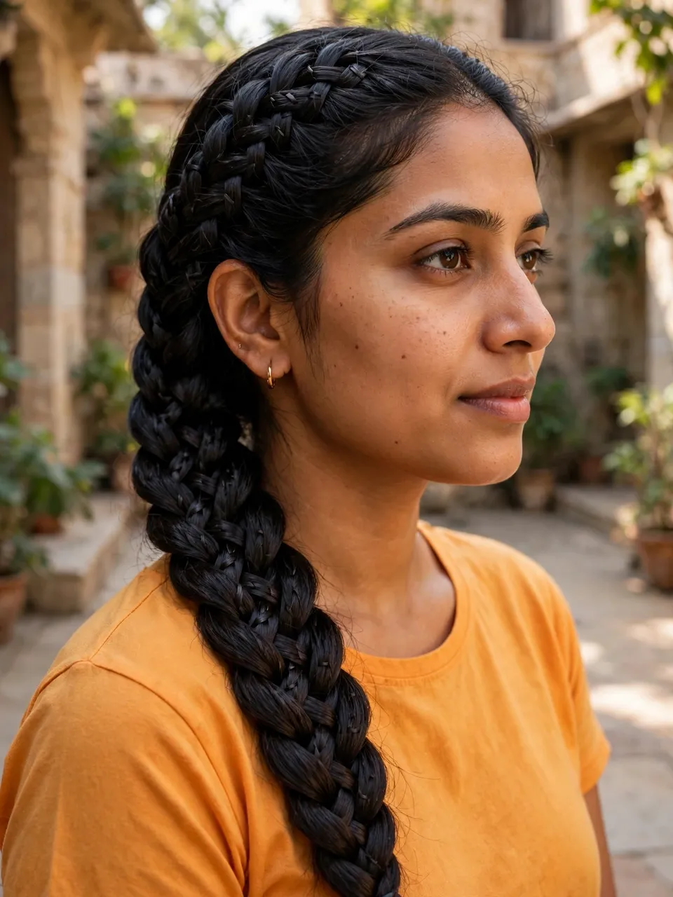 Profile view portrait of a South Asian woman with a thick braid in a sunlit stone courtyard