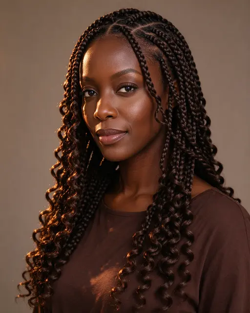 Studio portrait of a Black woman in her thirties with french curl braids wearing a chocolate brown top under warm golden