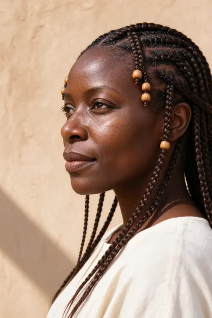 Side profile portrait of a Black woman in her late 30s with Fulani braids and wooden beads standing against a warm plaster