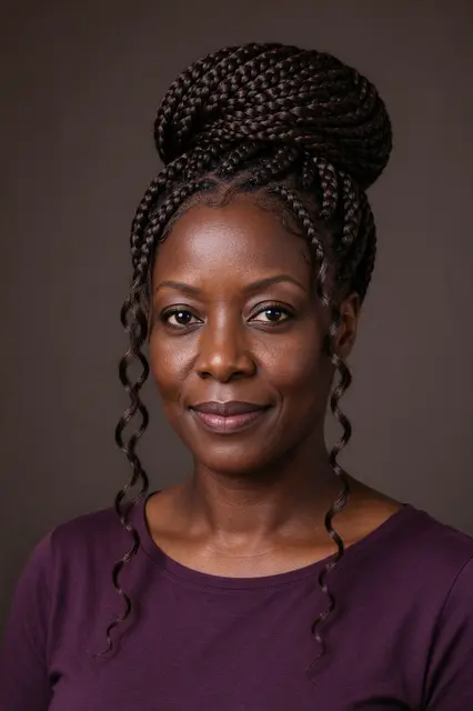 Studio portrait of a Black woman in her forties with a braided high bun and plum top looking at the camera