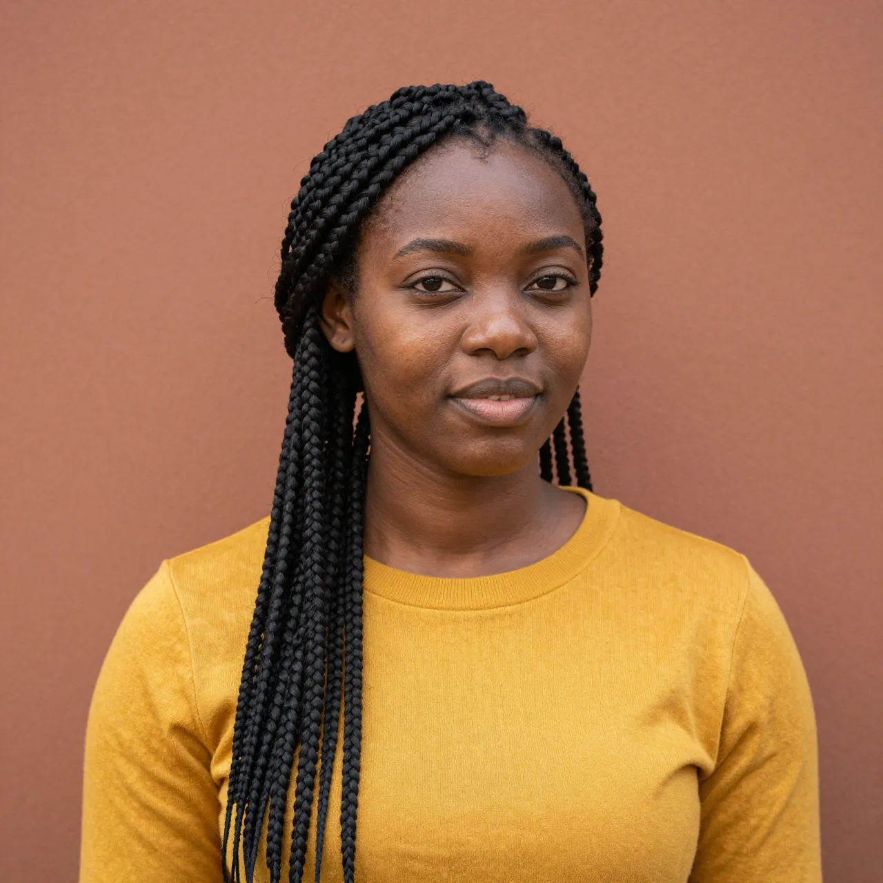 A Black woman in a mustard sweater with box braids looks at the camera against a terracotta wall