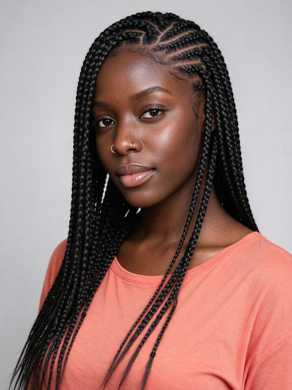 Studio portrait of a Black woman with lemonade cornrow braids wearing a coral top against a light gray background