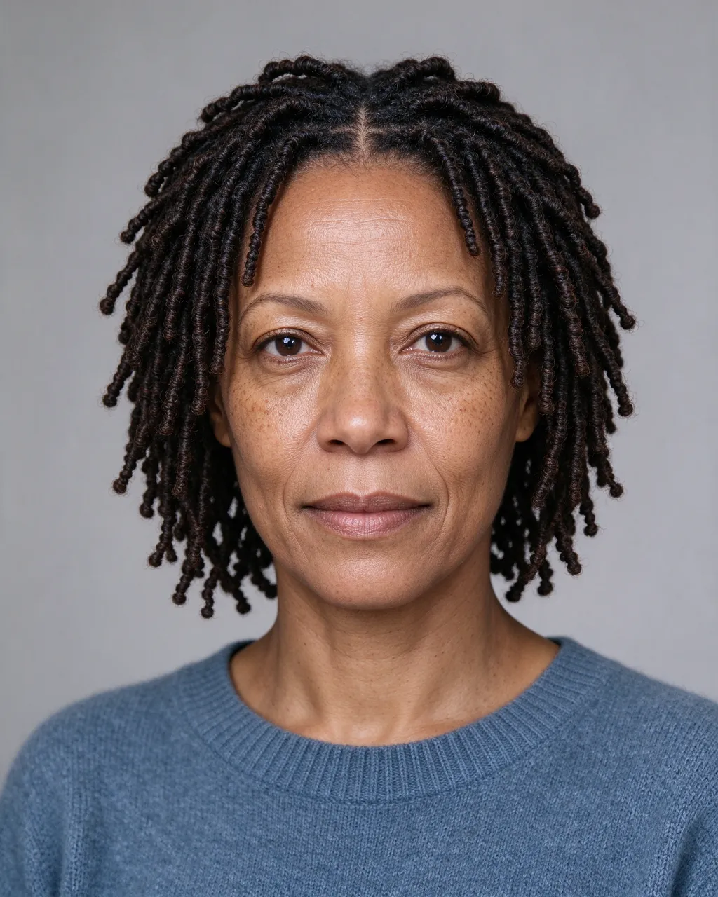 Studio portrait of a mixed-race woman in her forties with chin-length micro locs wearing a slate blue sweater