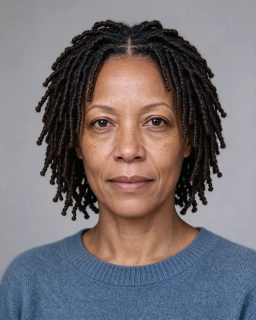 Studio portrait of a mixed-race woman in her forties with chin-length micro locs wearing a slate blue sweater