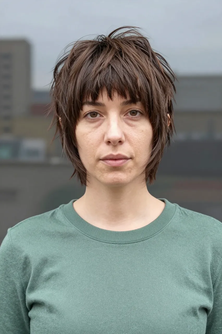 Woman in her thirties with a choppy shag haircut and green sweater stands facing the camera in overcast outdoor light