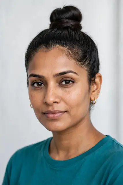 Studio portrait of a South Asian woman in her thirties with a high top knot bun and teal top looking at the camera