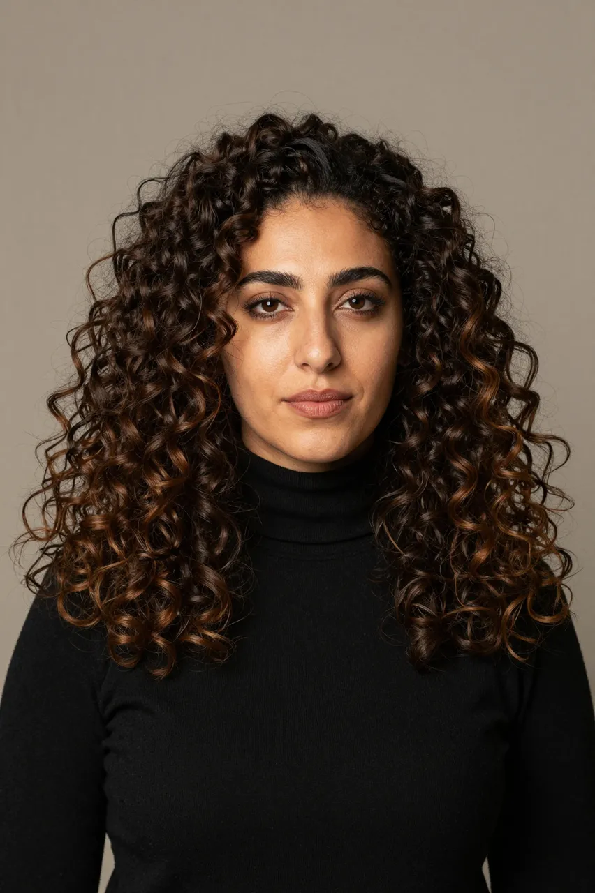 Studio portrait of a Middle Eastern woman in a black turtleneck facing the camera against a warm grey backdrop