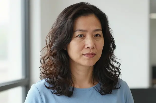Headshot of a Southeast Asian woman in her late thirties with loose wavy hair wearing a light blue top near a bright window