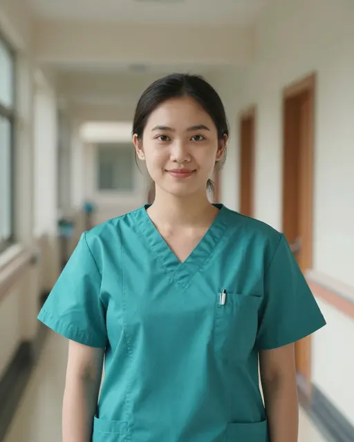 Young Southeast Asian woman in teal scrubs smiles gently while standing in a sunlit hospital corridor facing the camera.