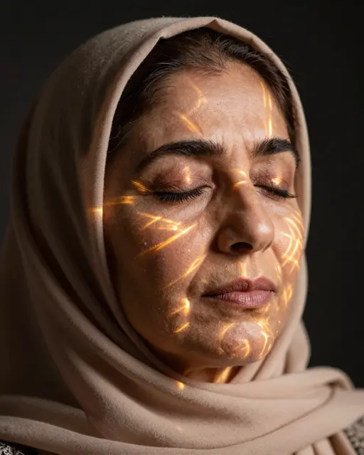 A middle aged Middle Eastern woman with closed eyes has glowing amber light lines projected across her face in a dark studio