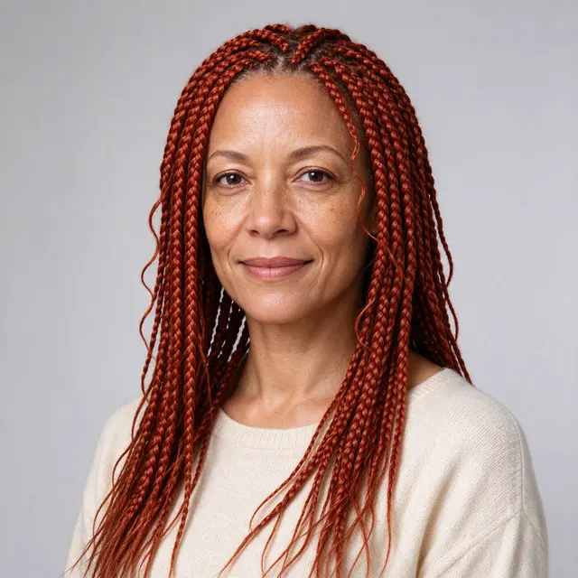 Head-and-shoulders studio portrait of a mixed-race woman with long copper braids wearing a cream knit sweater
