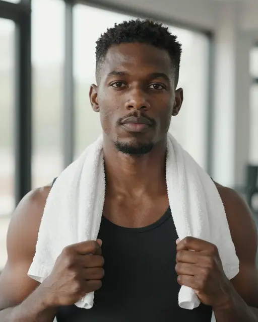 Young Black man with a towel over his shoulders stands in a gym after a workout looking at the camera