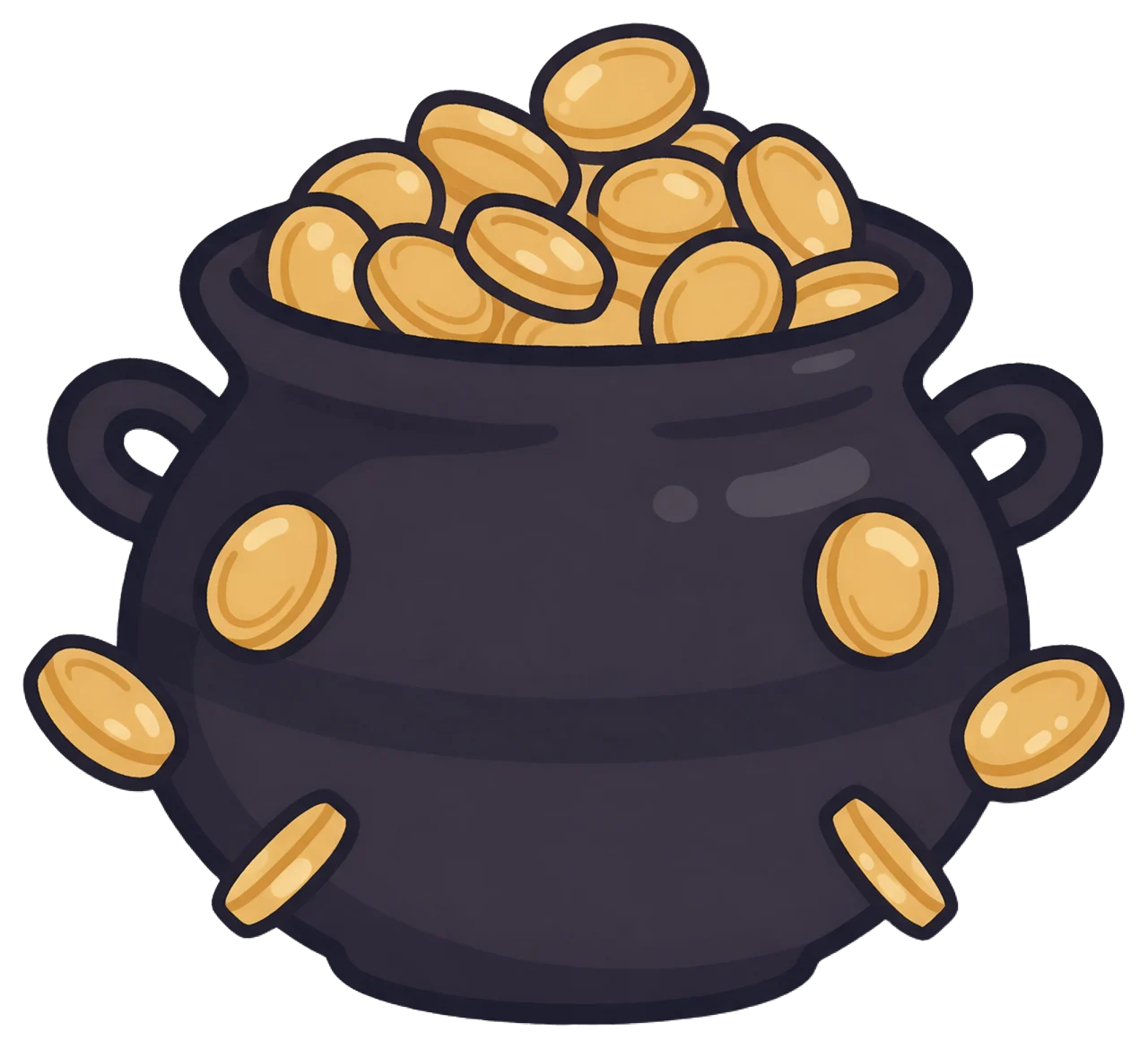 Round black cooking pot overflowing with shiny gold coins that tumble down its sides