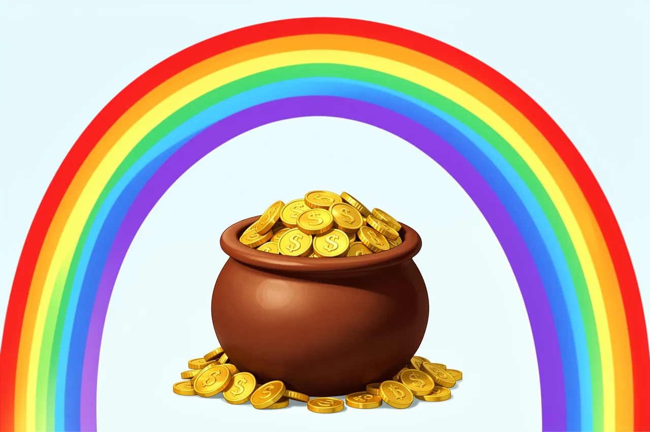 A brown pot overflowing with gold dollar coins sits beneath a bright arched rainbow on a pale blue background.