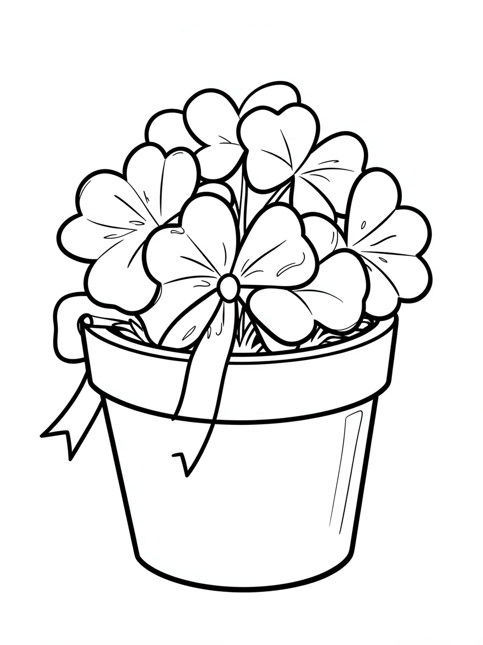 Bold black and white line drawing of a potted shamrock plant with ribbon accents on a plain white background