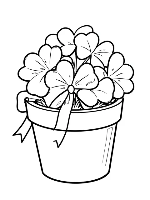 Bold black and white line drawing of a potted shamrock plant with ribbon accents on a plain white background