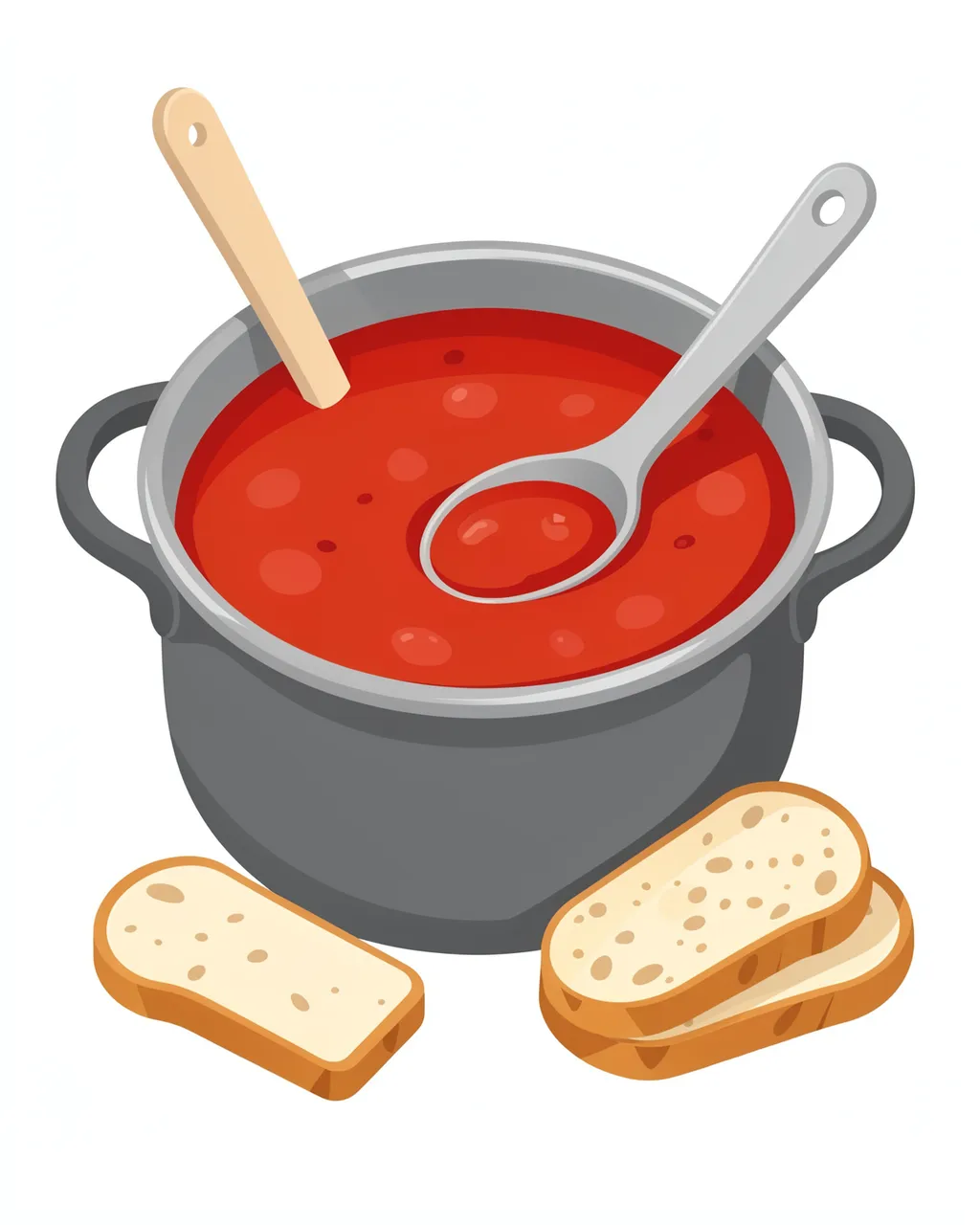A gray cooking pot of red tomato soup with two utensils beside slices of crusty bread on a plain white background