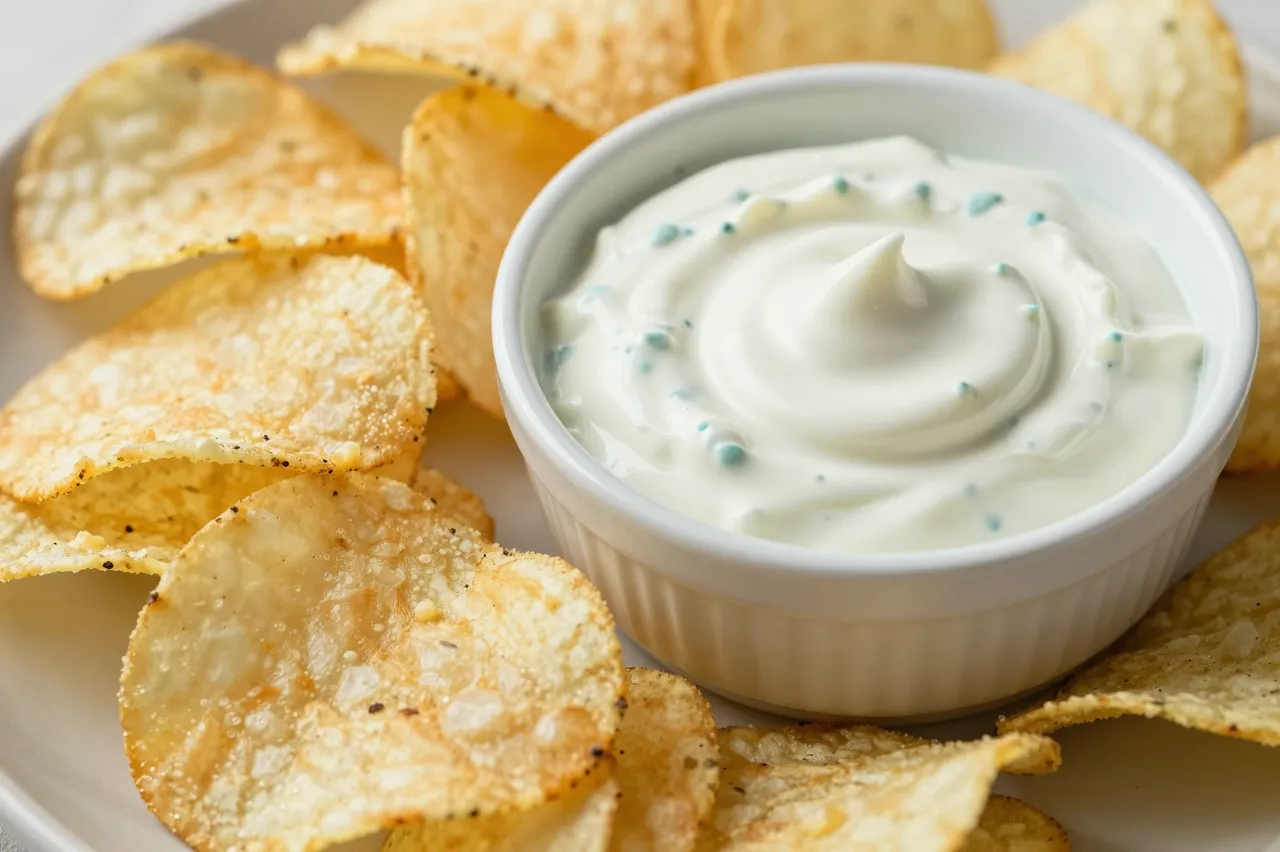 A close-up view of crispy homemade potato chips arranged around a small bowl of swirled creamy dip