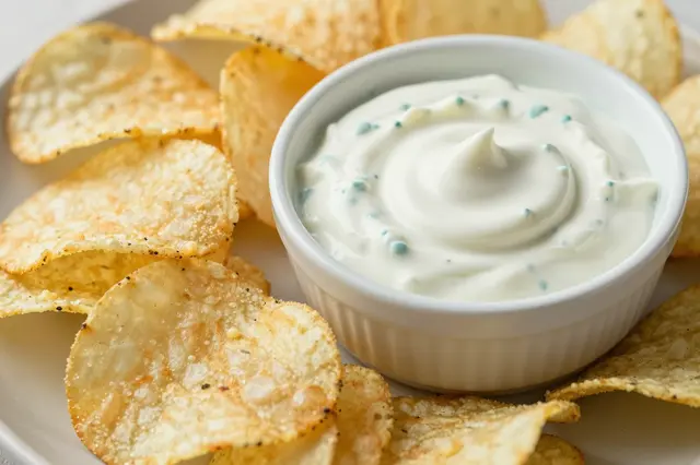 A close-up view of crispy homemade potato chips arranged around a small bowl of swirled creamy dip