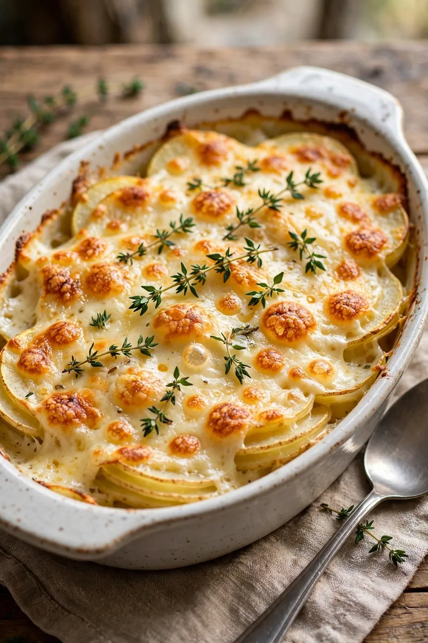 Baked potato gratin with golden bubbling cheese and fresh thyme sits in an oval ceramic dish next to a metal spoon.