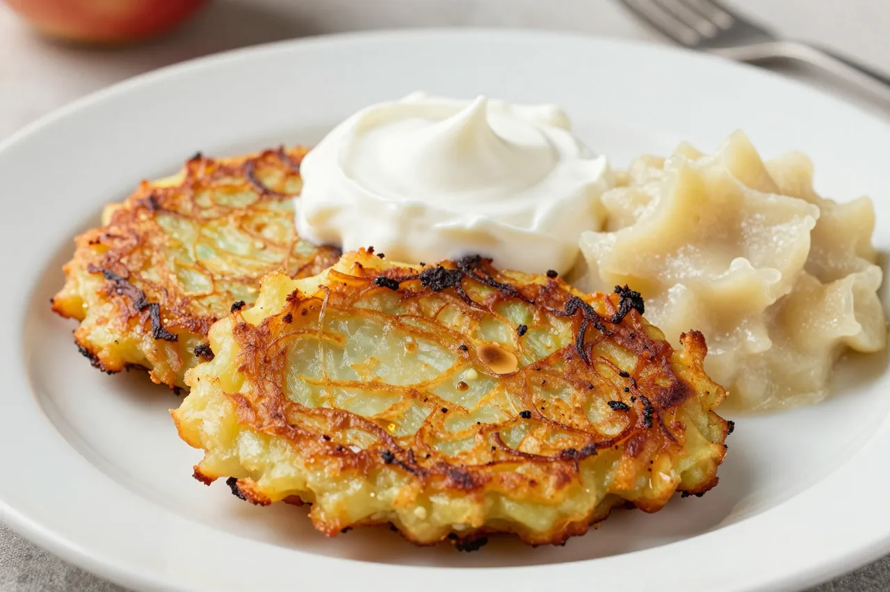 Crispy potato latkes served with a dollop of sour cream and applesauce on a white ceramic plate