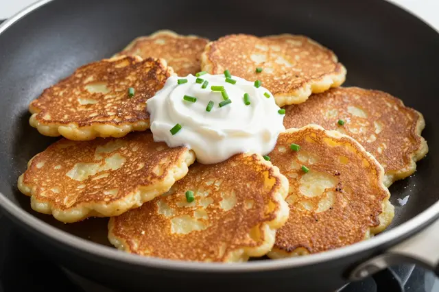 Golden brown potato pancakes topped with sour cream and chives sit in a nonstick skillet