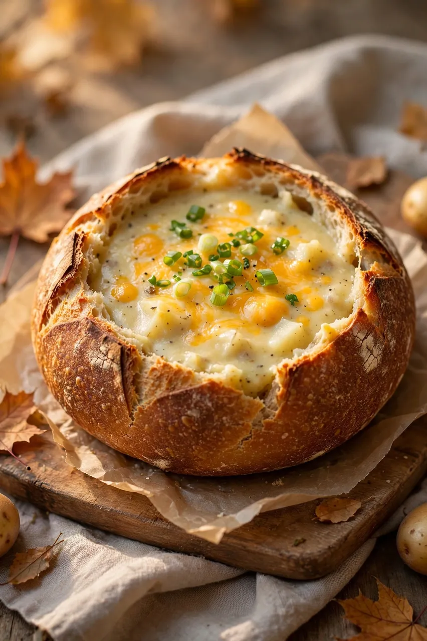 Creamy potato soup with melted cheddar and scallions served in a crusty sourdough bread bowl on parchment lined wood