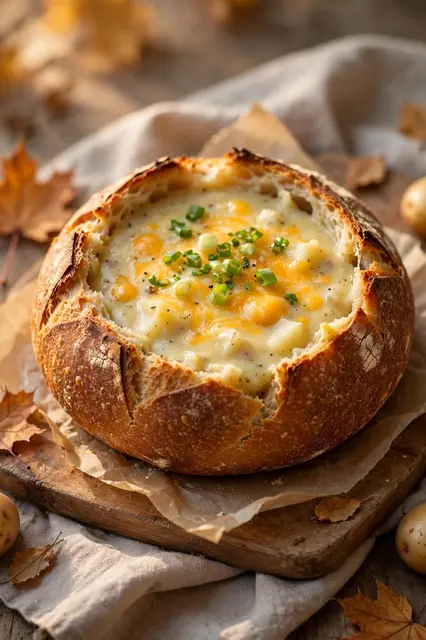 Creamy potato soup with melted cheddar and scallions served in a crusty sourdough bread bowl on parchment lined wood