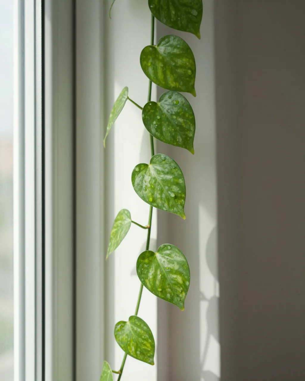 Variegated pothos vine with water droplets hangs next to a bright indoor window frame