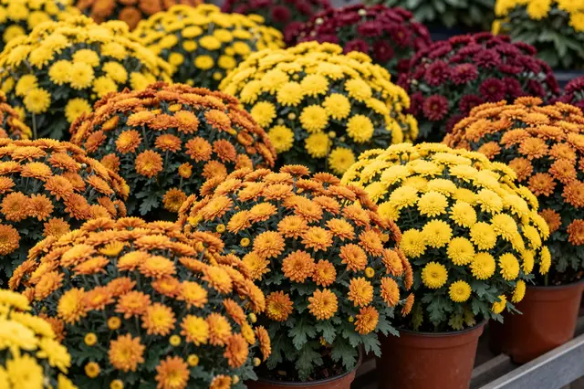 Rows of potted orange, yellow and burgundy chrysanthemums arranged at a plant nursery