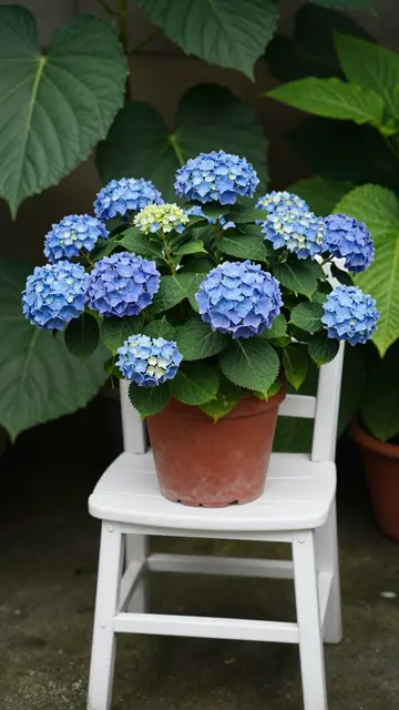 A potted blue hydrangea sits on a small white wooden chair in a shaded summer garden.