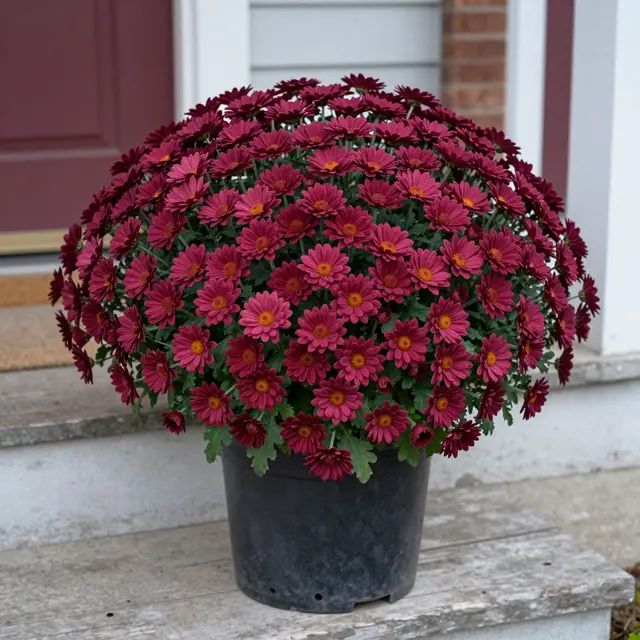 A full rounded potted burgundy chrysanthemum sits on a weathered home porch step