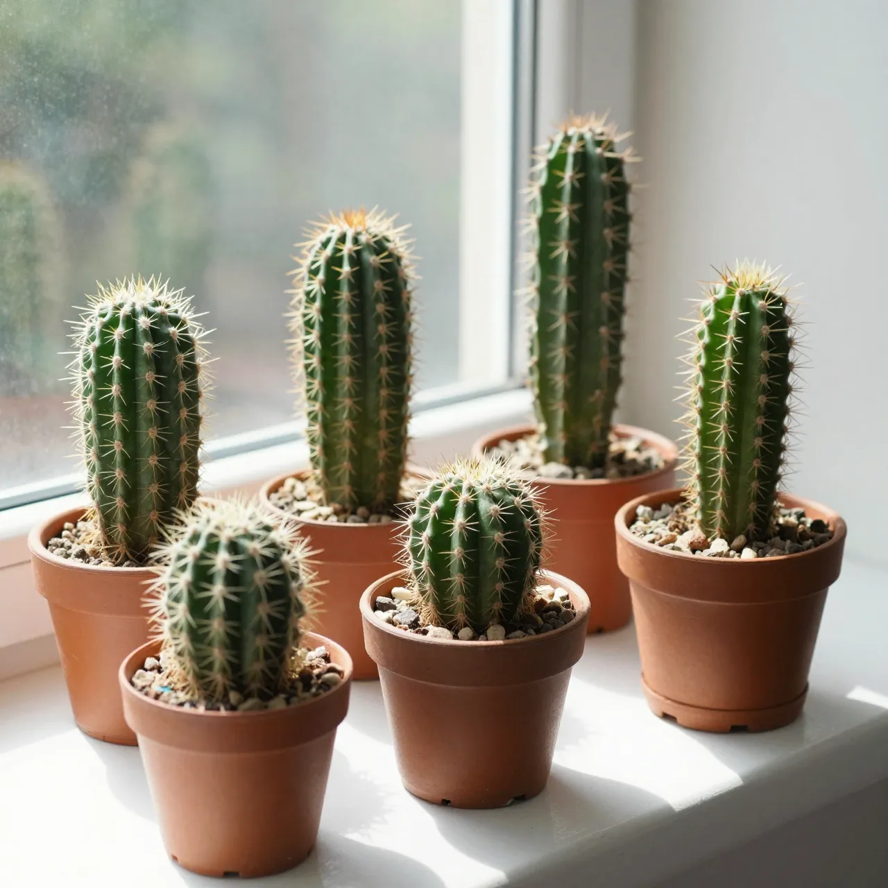 Row of small potted cacti in terracotta pots catching bright sunlight on a white windowsill