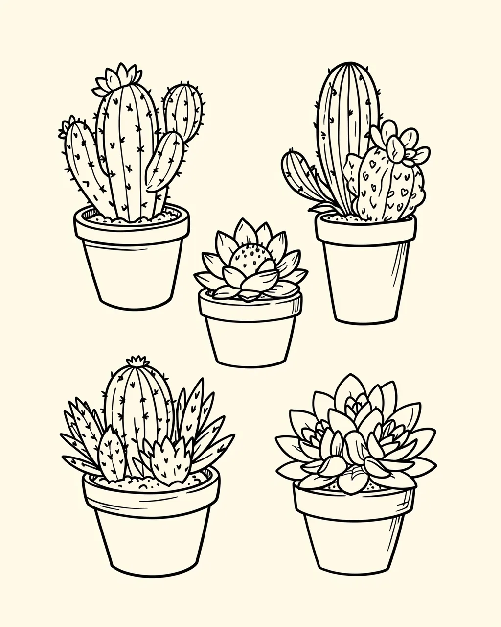Set of hand drawn black line doodles of potted cacti and succulents on a cream background