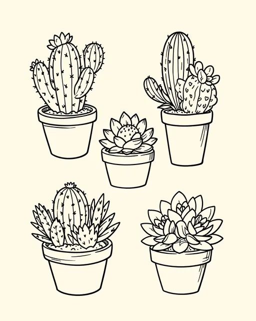 Set of hand drawn black line doodles of potted cacti and succulents on a cream background