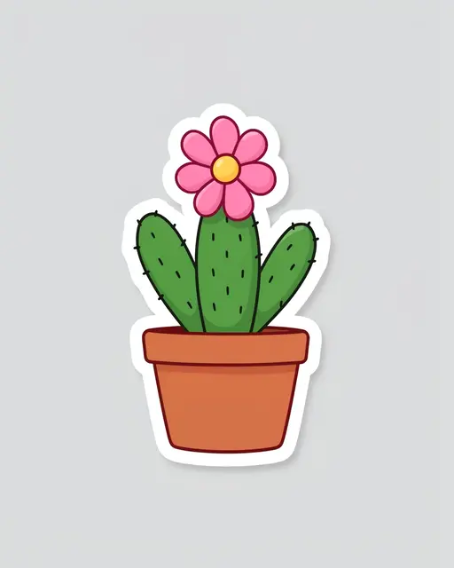Die-cut sticker of a potted flowering cactus on a plain light gray background