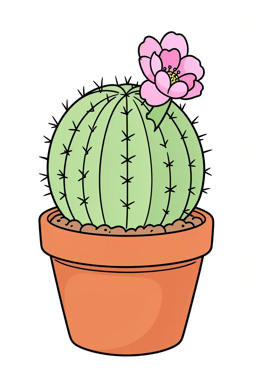 Cute thin line drawing of a round chubby cactus with a pink flower growing in a terracotta pot on a plain white background