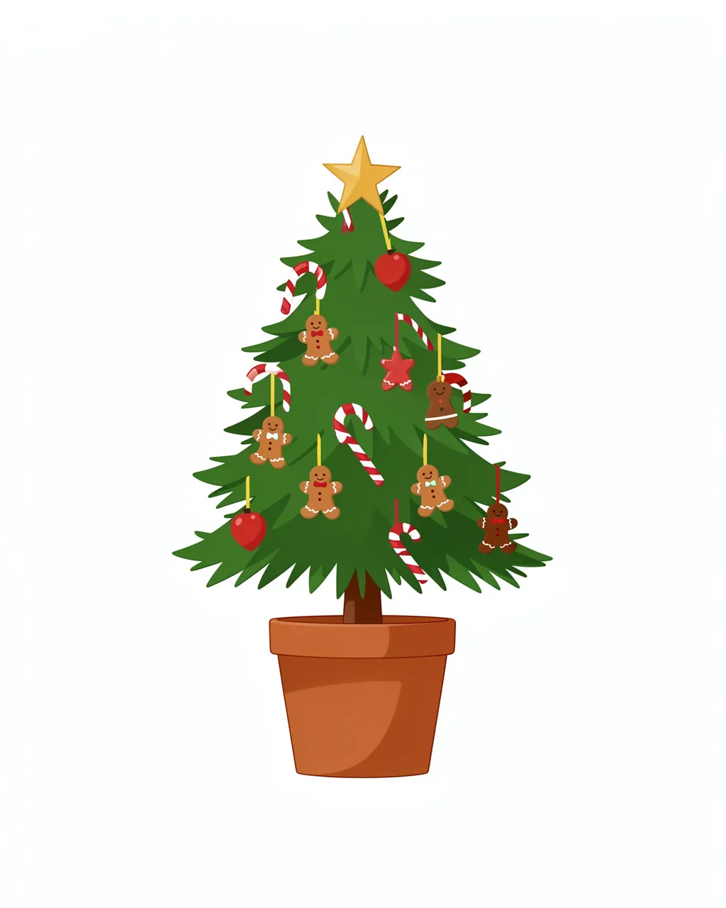 Flat clipart of a small potted Christmas tree decorated with candy canes and gingerbread ornaments on a white background