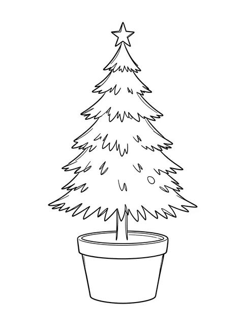 Single line drawing of a potted Christmas tree topped with a star on a plain white background