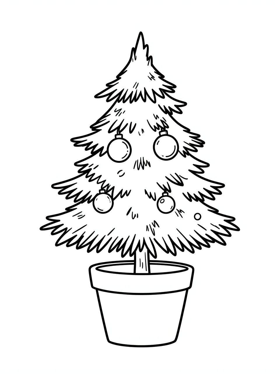 Simple bold black line drawing of a small potted Christmas tree with baubles on a white background