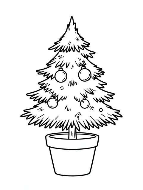 Simple bold black line drawing of a small potted Christmas tree with baubles on a white background