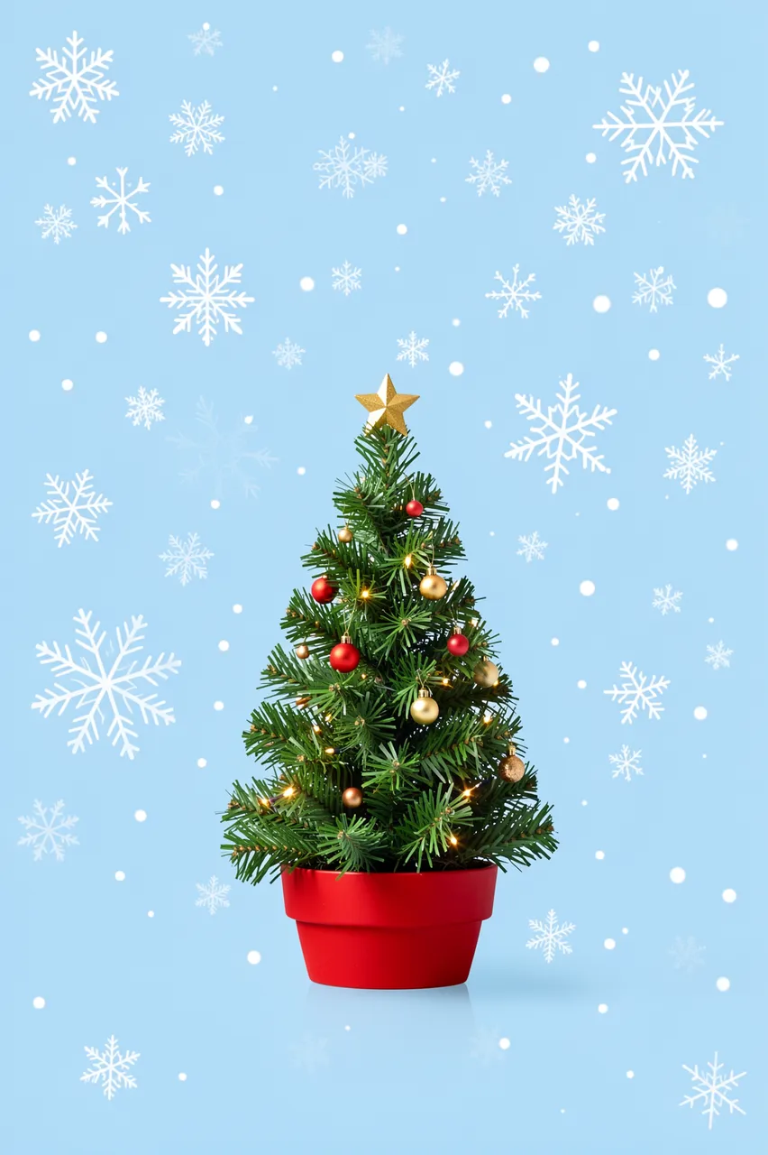 A small decorated Christmas tree in a red pot sits against a powder blue background with floating white snowflakes